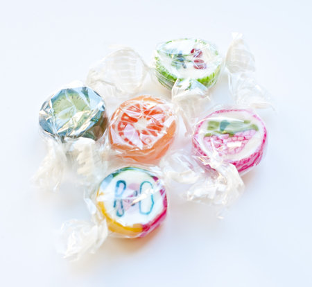 Fruit candy translucent paper on a white background.の写真素材