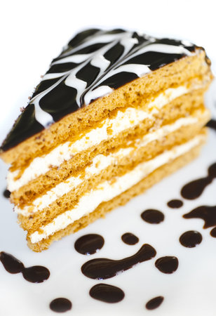 Cake with chocolate icing and chocolate decorations.の写真素材