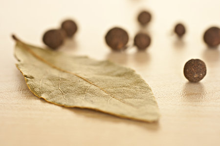 Bay leaf with peppers, macro photography.の写真素材