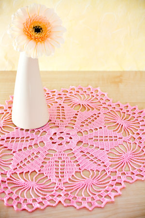 Crocheted blanket pink color, for home textiles, handmade の写真素材