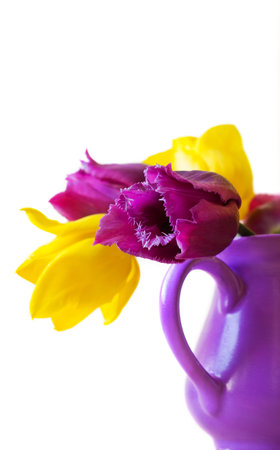 Purple and yellow tulips, ceramic vase の写真素材