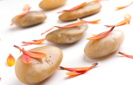 Spa stones and orange leaf, isolated on white background.の写真素材