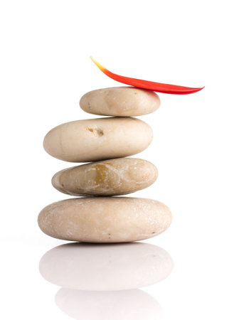 Spa stones and red gerber petals isolated on the white background.の写真素材