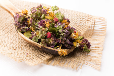 Dry herbal tea isolated on the white background.の写真素材