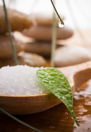 Sea salt in a wooden spoon with a green leaf, spa stones, drops of water.の写真素材
