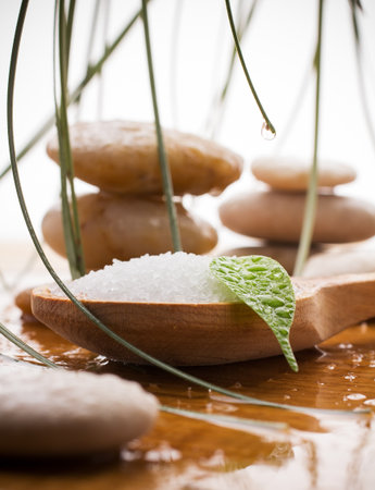 Sea salt in a wooden spoon with a green leaf, spa stones, drops of water.の写真素材