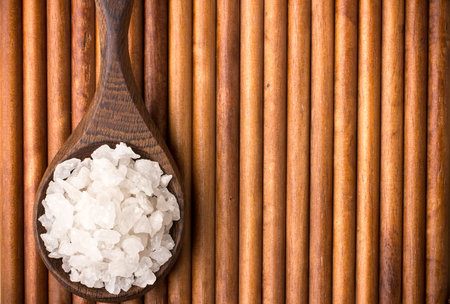 Natural bath salt wooden spoon, organic product. の写真素材
