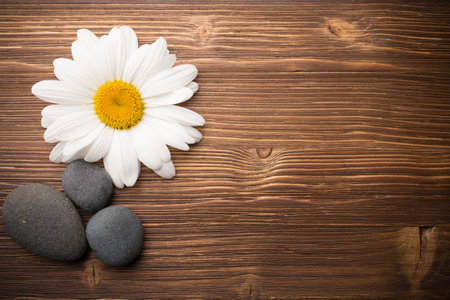 Balanced spa stones with camomile flower and wooden  background.の写真素材