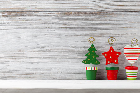 Christmas backgrounds. Christmas decor on the white wooden background.の写真素材