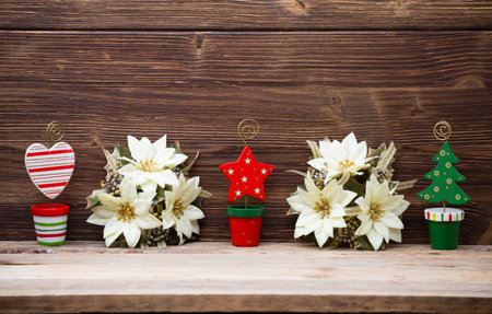 Christmas backgrounds. Christmas decor on the wooden background.の写真素材