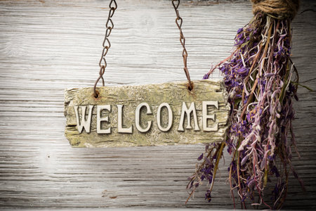 On the wood background of a plaque with an inscription welcome.