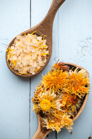 Dried aromatherapy plants,  herbal tea,  homeopathic medicine.の写真素材