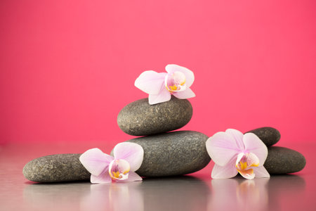 Spa stones on pink background with orchids.の写真素材