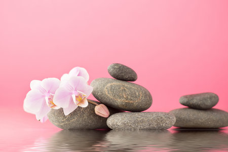 Spa stones on pink background with orchids.の写真素材