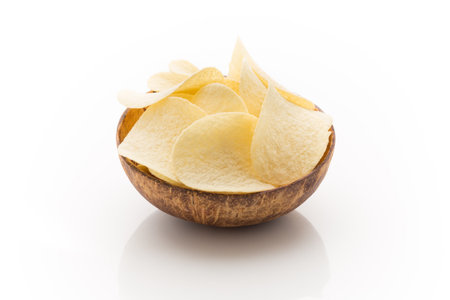 Eco potato chips on a white background. Studio photography.の写真素材