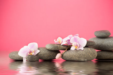 Spa stones on pink background with orchids.の写真素材