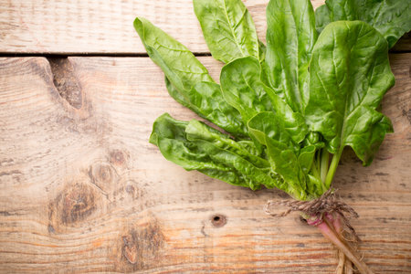 Spinach with roots on the wooden background.の写真素材