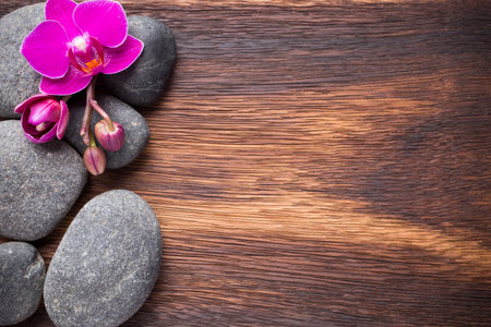 Orchid flower on wooden background with spa stones.の写真素材