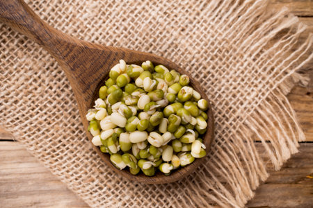 Sprouts to the heart of the bowl and on a wooden table.の写真素材