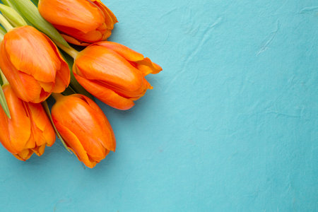 Tulips on a wooden surface.の写真素材