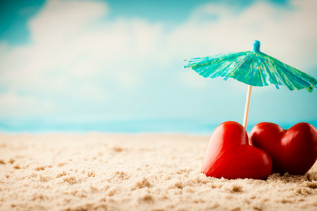 Beach Valentine's Day. Greeting card newlyweds.の写真素材