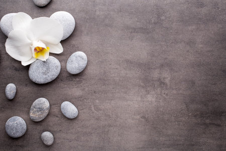 Spa stones and white orchid on the grey background.の写真素材