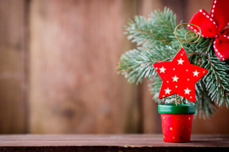 On wooden background Christmas decor.の写真素材