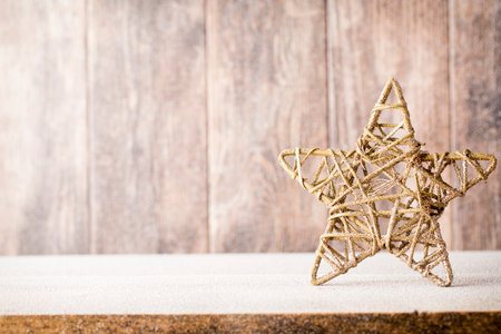 Fir branch and decor, on the wooden background.の写真素材