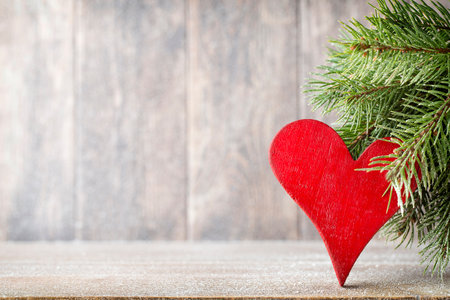 Fir branch and decor, on the wooden background.の写真素材