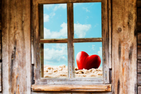 Wooden window frame, spring, flowering trees.の写真素材