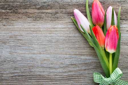 Tulips on the wooden background.の写真素材