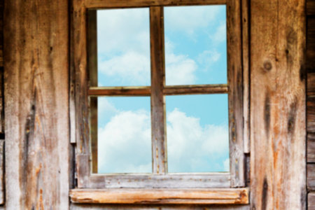 Wooden window frame, spring, flowering trees.の写真素材