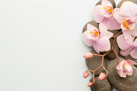 Spa stones on wooden background with orchids.の写真素材
