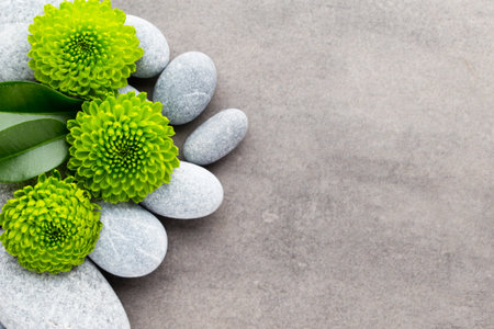 Spa stone and flowers on grey background.の写真素材