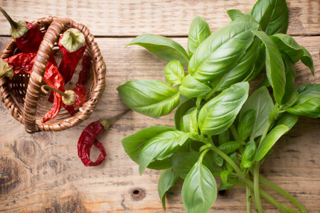 Bunch fresh basil on a wooden background. Aromatic spice.の写真素材