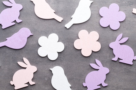 Easter decor on a wooden background. Pattern.