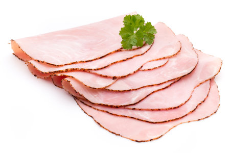 Sliced boiled ham sausage isolated on white background, top view.の写真素材