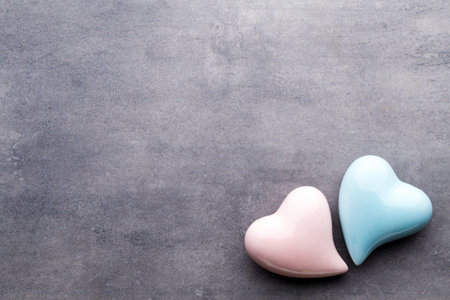 Valentines day greeting card. Colored heart on the gray background. View from above. Flat lay.の写真素材