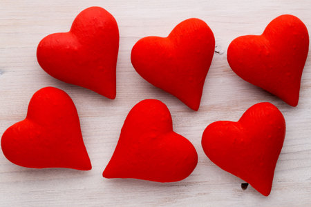 Red hearts the gray background. Valentine Day background. View from above. Flat lay.の写真素材