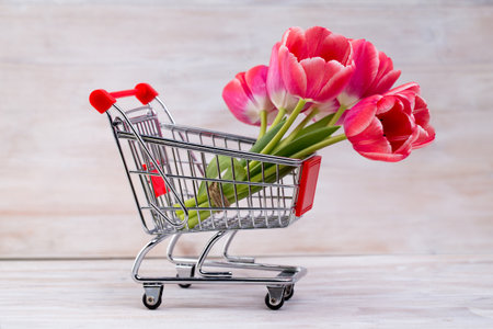 Pink tulips, spring flowers and Easter decoration.の写真素材