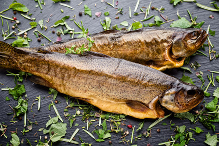 Smoked trout with spices on a stone tray.
