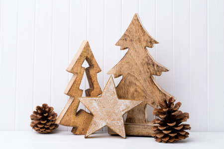 Christmas decoration on a white wooden background.の写真素材