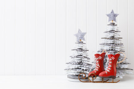 Christmas decoration on a white wooden background.の写真素材