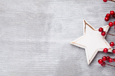 Christmas wooden decorations on a grey background.の写真素材
