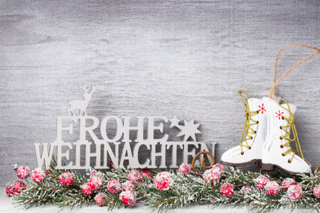 Christmas wooden decorations on a grey background.の写真素材