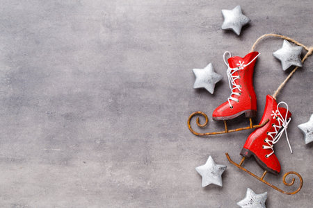 Christmas wooden decorations on a grey background.の写真素材