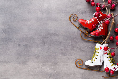 Christmas wooden decorations on a grey background.の写真素材