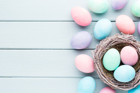 Pastel Easter eggs background. Spring greating card.の写真素材