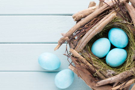 Pastel Easter eggs background. Spring greating card.の写真素材