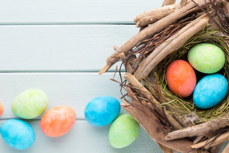 Pastel Easter eggs background. Spring greating card.